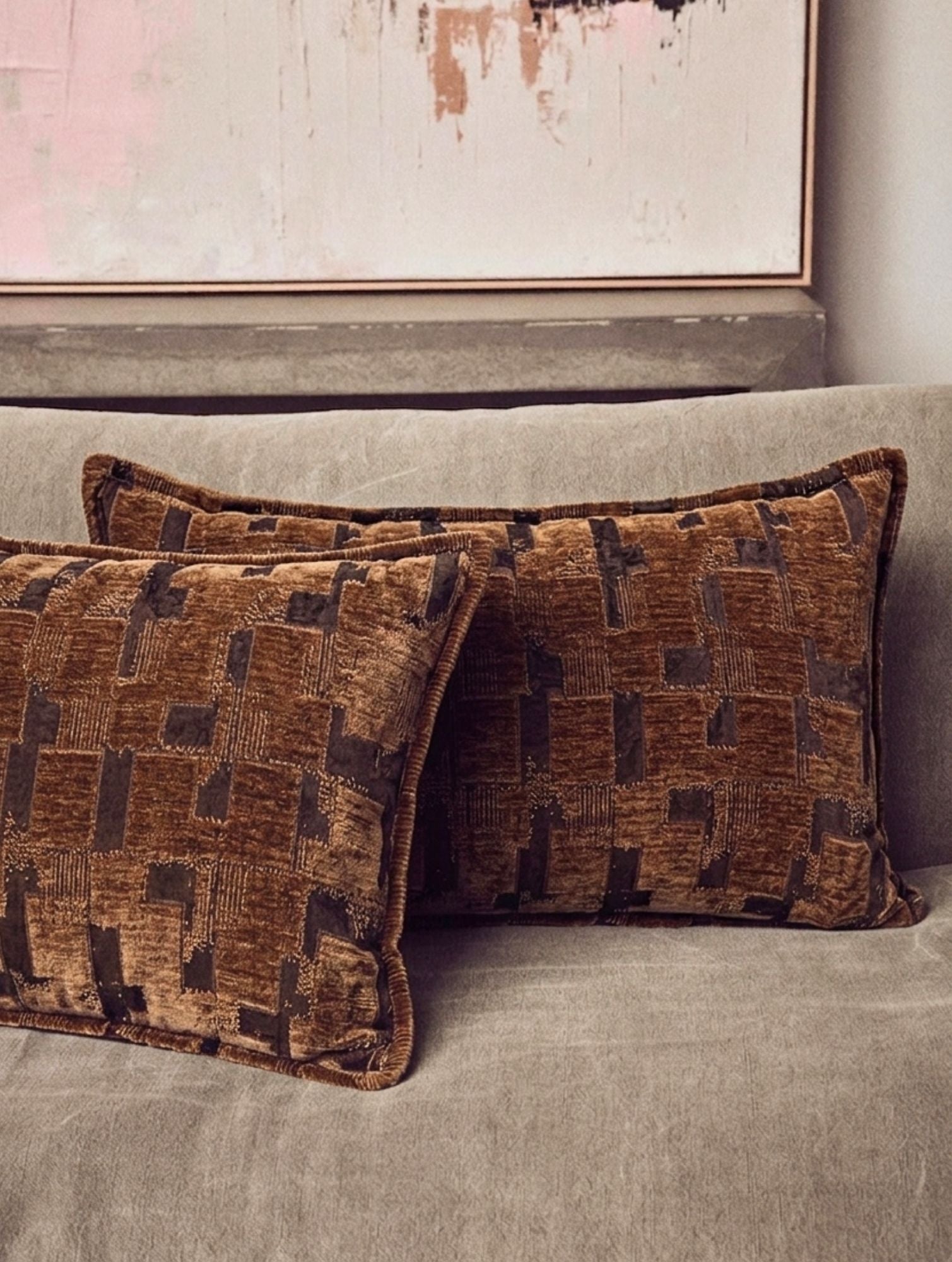 Chestnut Geometric Velvet Cushion Cover