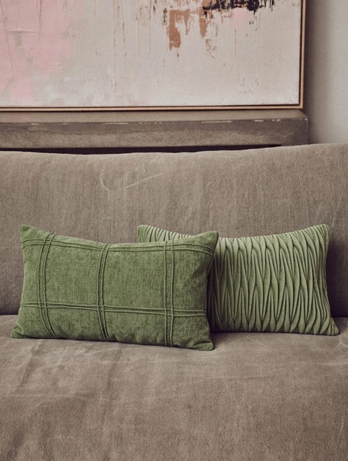 Olive Grid Velvet Cushion Cover
