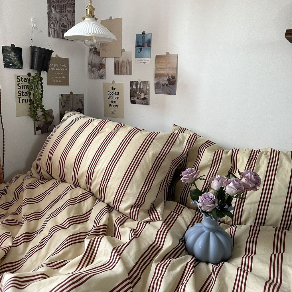 Striped Bedding Vintage Beige Brown Set