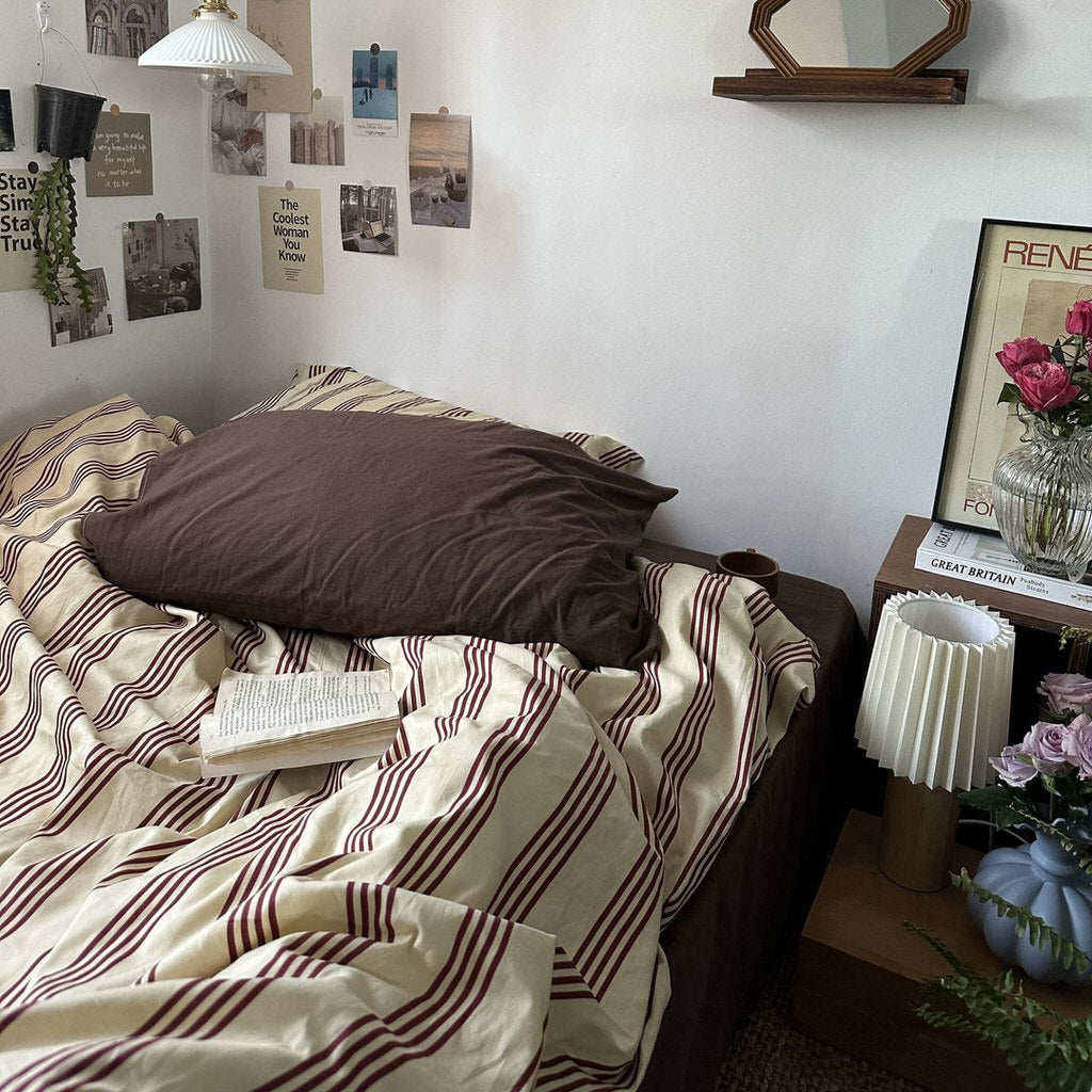 Striped Bedding Vintage Beige Brown Set