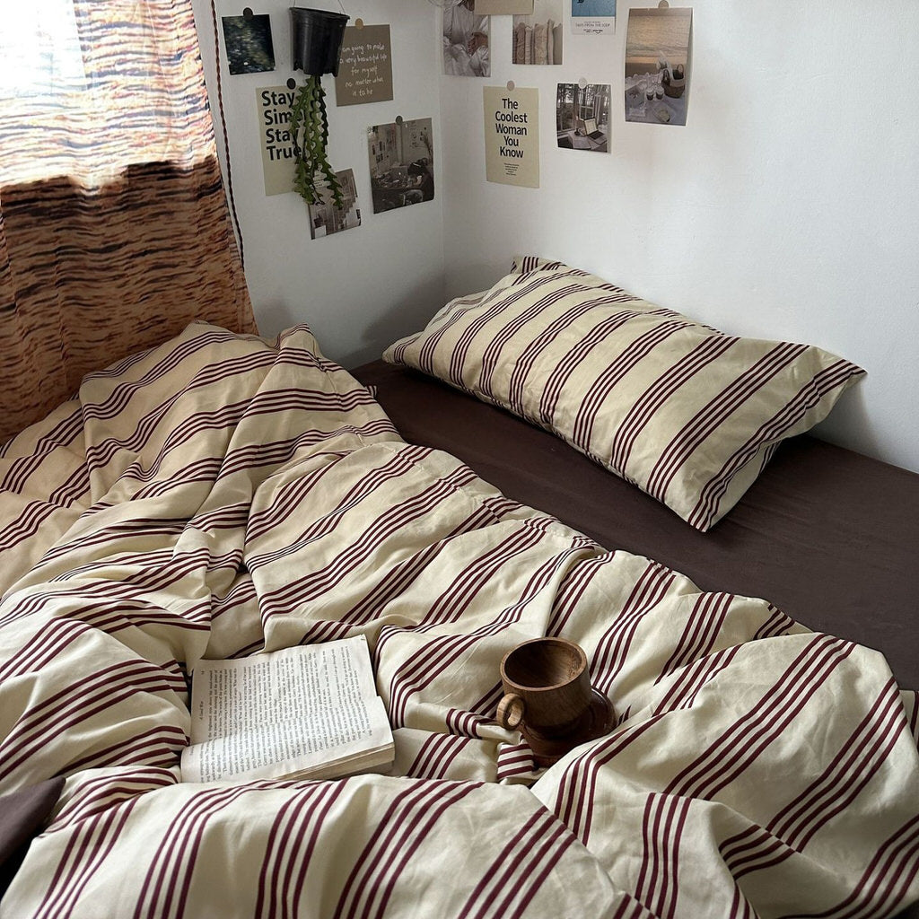 Striped Bedding Vintage Beige Brown Set